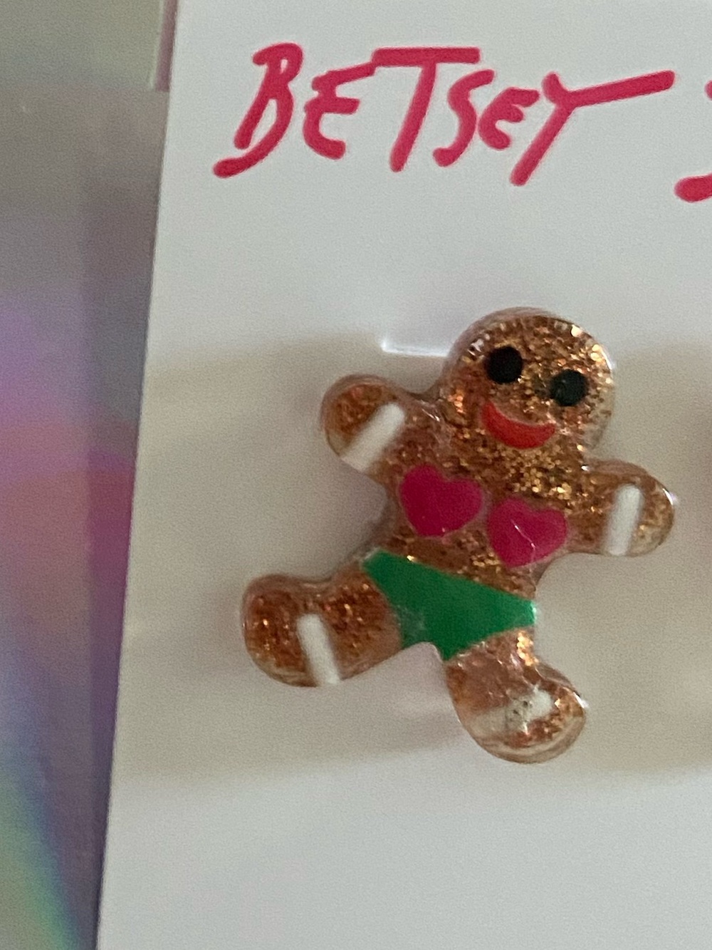 Darling Betsey Johnson Glitter Gingerbread Stud Earrings NWT - Picture 3 of 4